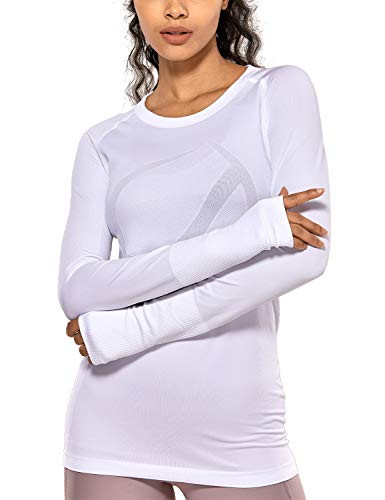 CRZ YOGA Damen Sport Langarmshirt Elastische Laufshirt Crew Neck Yoga Top Atmungsaktiv Fitness Oberteile Gym Tshirt Weiss 44 von CRZ YOGA