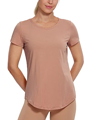 CRZ YOGA Damen Sport T-Shirt Kurzarm Fitness Gym Laufshirt Crewneck Leichte Yoga Oberteile Sommer Top Mokka-Mousse 38 von CRZ YOGA