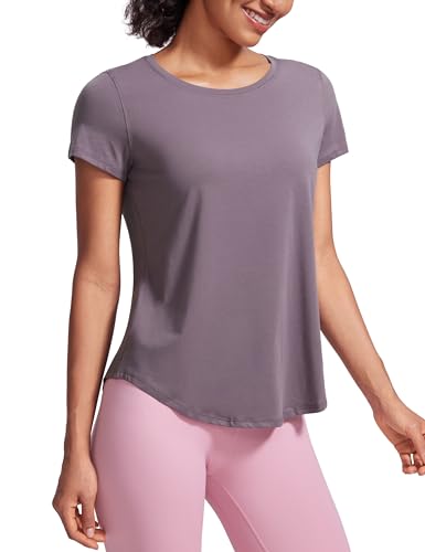 CRZ YOGA Damen Sport T-Shirt Kurzarm Fitness Gym Laufshirt Crewneck Leichte Yoga Oberteile Sommer Top lila grau 38 von CRZ YOGA