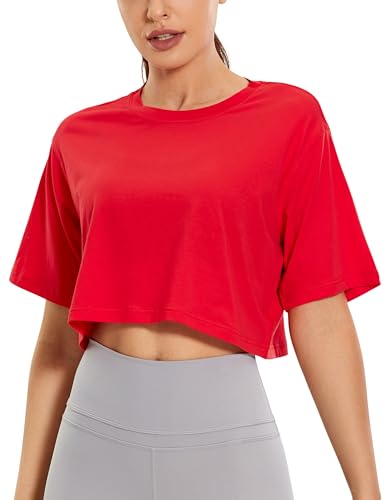 CRZ YOGA Damen Sport T-Shirt Kurzarm Sommer Fitness Crop Oberteile Crew Neck Leichte Yoga Top Atmungsaktiv Laufshirt Festival Rot 40 von CRZ YOGA