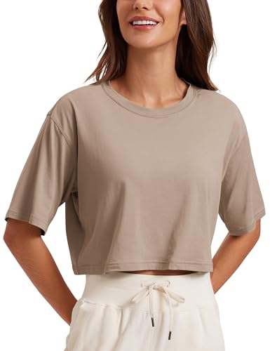 CRZ YOGA Damen Sport T-Shirt Kurzarm Sommer Fitness Crop Oberteile Crew Neck Leichte Yoga Top Atmungsaktiv Laufshirt Mörtelfarbe 40 von CRZ YOGA
