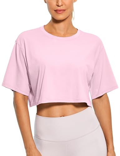 CRZ YOGA Damen Sport T-Shirt Kurzarm Sommer Fitness Crop Oberteile Crew Neck Leichte Yoga Top Atmungsaktiv Laufshirt Rosa Pfingstrose 38 von CRZ YOGA