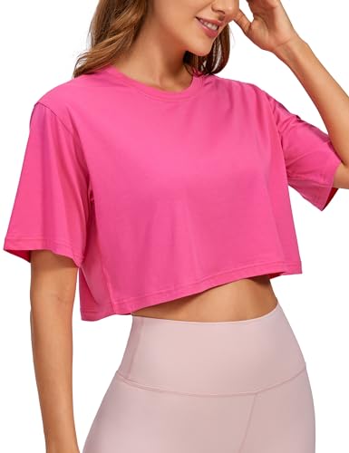 CRZ YOGA Damen Sport T-Shirt Kurzarm Sommer Fitness Crop Oberteile Crew Neck Leichte Yoga Top Atmungsaktiv Laufshirt Schallrosa 38 von CRZ YOGA