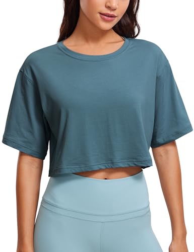 CRZ YOGA Damen Sport T-Shirt Kurzarm Sommer Fitness Crop Oberteile Crew Neck Leichte Yoga Top Atmungsaktiv Laufshirt Schieferblau 42 von CRZ YOGA