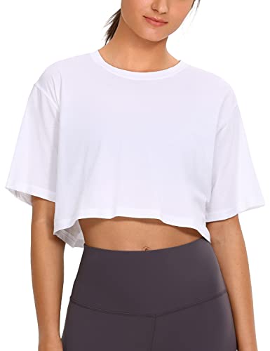 CRZ YOGA Damen Sport T-Shirt Kurzarm Sommer Fitness Crop Oberteile Crew Neck Leichte Yoga Top Atmungsaktiv Laufshirt Weiss 42 von CRZ YOGA