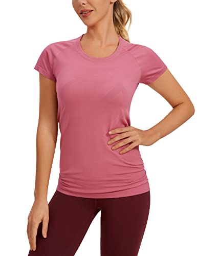 CRZ YOGA Damen Sport T-Shirt Nahtlos Gym Shirts Laufshirt Funktionsshirt Fitness Kurzarm Shirt Sportshirt Kirschrosa 44 von CRZ YOGA