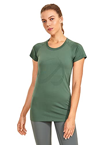 CRZ YOGA Damen Sport T-Shirt Nahtlos Gym Shirts Laufshirt Funktionsshirt Fitness Kurzarm Shirt Sportshirt Lebendiges Grün 36 von CRZ YOGA