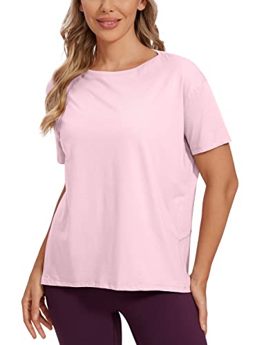 CRZ YOGA Damen Sport Top Fitness Kurzarm Leichte Sommer Loose T Shirt Atmungsaktiv Baumwolle Yoga Oberteile Rosa Pfingstrose 42 von CRZ YOGA