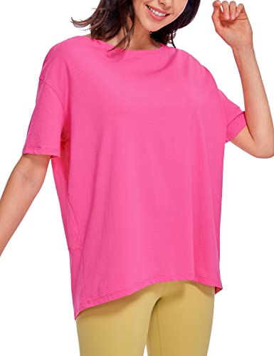 CRZ YOGA Damen Sport Top Fitness Kurzarm Leichte Sommer Loose T Shirt Atmungsaktiv Baumwolle Yoga Oberteile Schallrosa 42 von CRZ YOGA