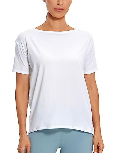 CRZ YOGA Damen Sport Top Fitness Kurzarm Leichte Sommer Loose T Shirt Atmungsaktiv Baumwolle Yoga Oberteile Weiss 36 von CRZ YOGA