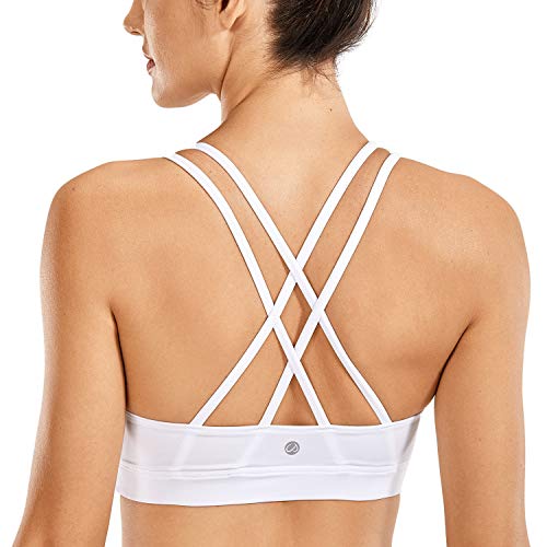 CRZ YOGA Damen Ohne Bügel Sport BH Gekreuzt Rücken Spaghetti Top Abnehmbare Pads Yoga Croptop Weiss-Logo L von CRZ YOGA