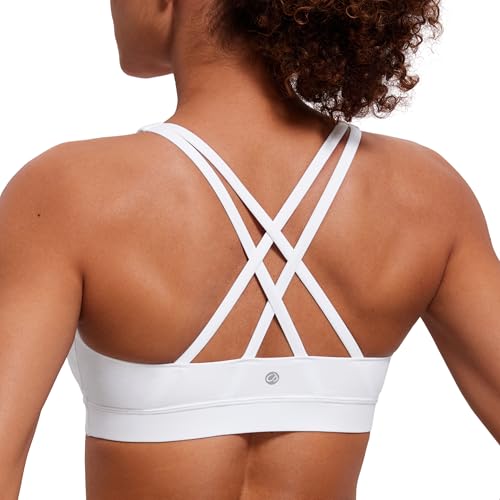 CRZ YOGA Damen Ohne Bügel Sport BH Gekreuzt Rücken Spaghetti Top Abnehmbare Pads Yoga Croptop Weiss-Logo XL von CRZ YOGA