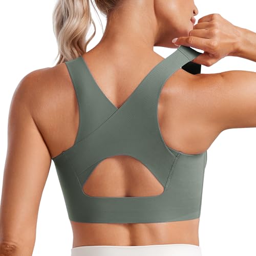 CRZ YOGA Damen Starker Halt Sport BH Gepolstert Ohne Bügel Racerback Sports Bra Fitness Lauf Gym Bustier Crop Top Grauer Salbei 38 von CRZ YOGA