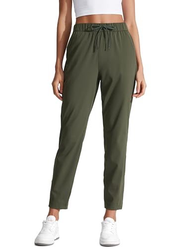 CRZ YOGA Damen Sweathose Taschen Sporthose Leichte Atmungsaktive Jogginghose Lang Hose mit Tunnelzug - 70cm Olivgrun 42 von CRZ YOGA