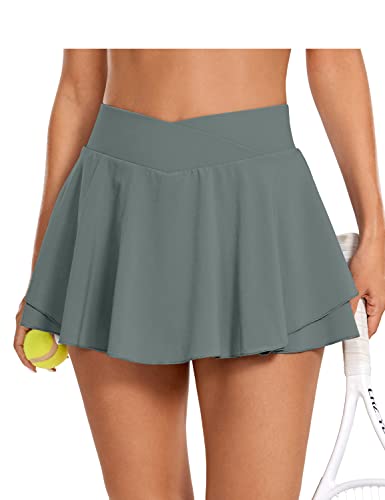 CRZ YOGA Damen Tennis Rock mit Hose Tennisrock Crossover High Waist Skort Golfrock Wanderrock Skater Sport Hosenrock Grauer Salbei 34 von CRZ YOGA