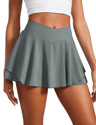 CRZ YOGA Damen Tennis Rock mit Hose Tennisrock Crossover High Waist Skort Golfrock Wanderrock Skater Sport Hosenrock Grauer Salbei 40 von CRZ YOGA