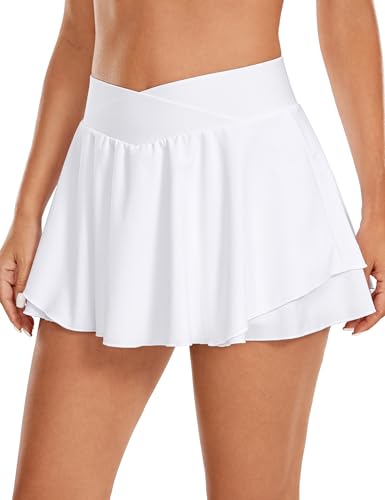 CRZ YOGA Damen Tennis Rock mit Hose Tennisrock Crossover High Waist Skort Golfrock Wanderrock Skater Sport Hosenrock Weiss 38 von CRZ YOGA