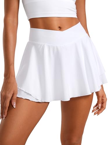 CRZ YOGA Damen Tennis Rock mit Hose Tennisrock Crossover High Waist Skort Golfrock Wanderrock Skater Sport Hosenrock Weiss 38 von CRZ YOGA