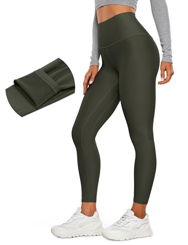 CRZ YOGA Damen Sport Thermo Leggings - 64cm Winter Warme Sports Yoga Leggins High Waist Fleece Thermal Sportleggins Olivgrün 40 von CRZ YOGA