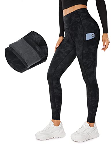 CRZ YOGA Damen Thermo Leggings mit Taschen High Waist Fleece Sport Yoga Leggins Warm Sporthose - 63/71cm Der Rauchtintennebel 40 von CRZ YOGA