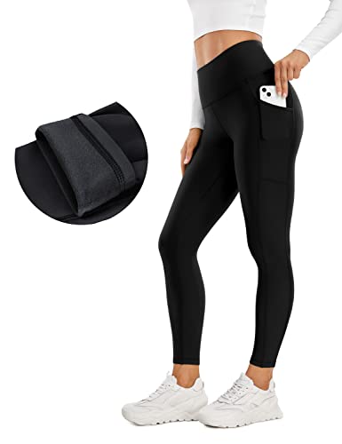 CRZ YOGA Damen Thermo Leggings mit Taschen Winter High Waist Fleece Sportleggins Yoga Leggins Warm Thermal Sporthose - 64 cm Schwarz 42 von CRZ YOGA
