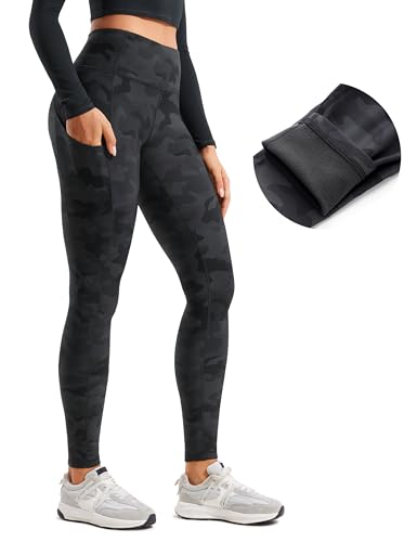 CRZ YOGA Damen Thermo Leggings mit Taschen Winter High Waist Fleece Sportleggins Yoga Leggins Warm Thermal Sporthose - 71cm Dunkelgraue Tarnung 40 von CRZ YOGA