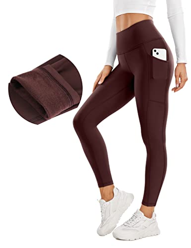 CRZ YOGA Damen Thermo Leggings mit Taschen High Waist Fleece Sport Yoga Leggins Warm Sporthose - 64cm Taupe 34 von CRZ YOGA