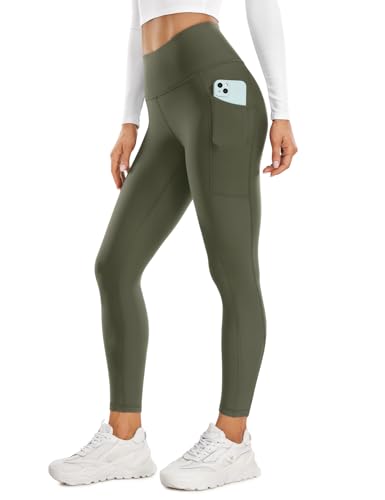 CRZ YOGA Damen Thermo Leggings mit Taschen High Waist Fleece Sport Yoga Leggins Warm Sporthose - 64cm Olivgrun 34 von CRZ YOGA