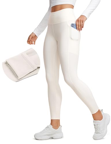 CRZ YOGA Damen Thermo Leggings mit Taschen High Waist Fleece Sport Yoga Leggins Warm Sporthose - 64cm Weiße Aprikose 38 von CRZ YOGA