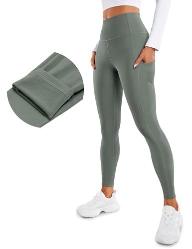 CRZ YOGA Damen Thermo Leggings mit Taschen High Waist Fleece Sport Yoga Leggins Warm Sporthose - 71cm Grauer Salbei 42 von CRZ YOGA