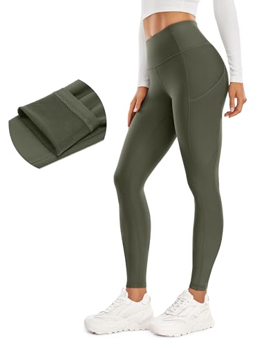 CRZ YOGA Damen Thermo Leggings mit Taschen High Waist Fleece Sport Yoga Leggins Warm Sporthose - 71cm Olivgrun 38 von CRZ YOGA