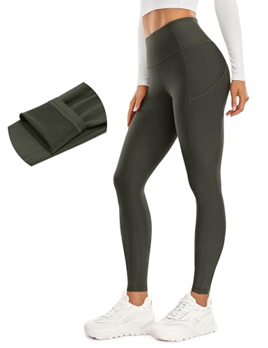 CRZ YOGA Damen Thermo Leggings mit Taschen Winter High Waist Fleece Sportleggins Yoga Leggins Warm Thermal Sporthose - 71cm Olivgrun 34 von CRZ YOGA