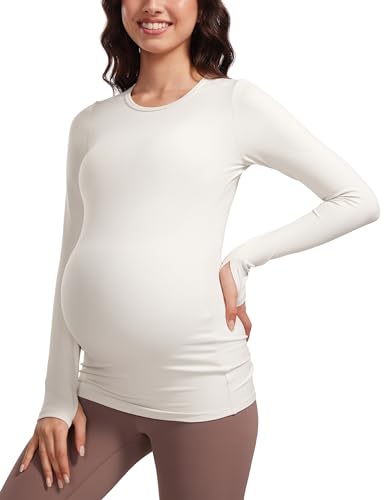 CRZ YOGA Damen Umstandsmode Langarm Stillshirt Umstandstop Umstandsshirt Schwangerschaft Kleidung Stilltop Langarmshirt Tops Milchig Weiß 44 von CRZ YOGA