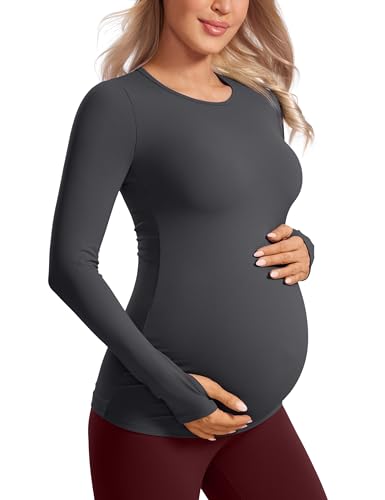 CRZ YOGA Damen Umstandsmode Langarm Stillshirt Umstandstop Umstandsshirt Schwangerschaft Kleidung Stilltop Langarmshirt Tops Mysteriöses Grau 36 von CRZ YOGA
