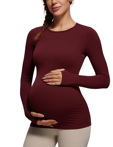 CRZ YOGA Damen Umstandsmode Langarm Stillshirt Umstandstop Umstandsshirt Schwangerschaft Kleidung Stilltop Langarmshirt Tops Roter Merlot 40 von CRZ YOGA