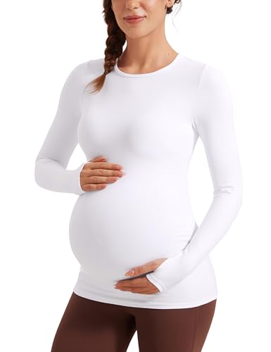 CRZ YOGA Damen Umstandsmode Langarm Stillshirt Umstandstop Umstandsshirt Schwangerschaft Kleidung Stilltop Langarmshirt Tops Weiss 44 von CRZ YOGA