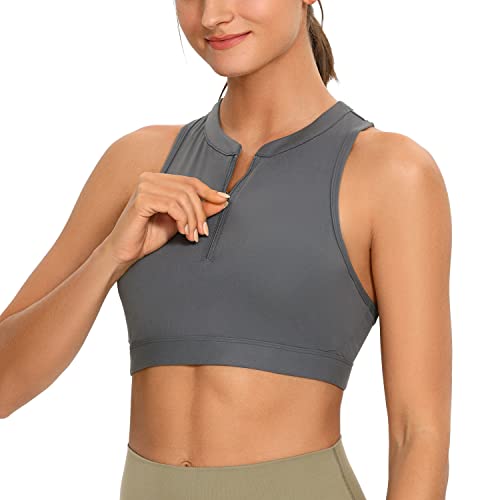 CRZ YOGA Damen Zip Front Sport BH Vorderverschluss Ohne Körbchen Ohne Bügel Ringerrücken Yoga Bra Top Dunkler Kohlenstoff S von CRZ YOGA