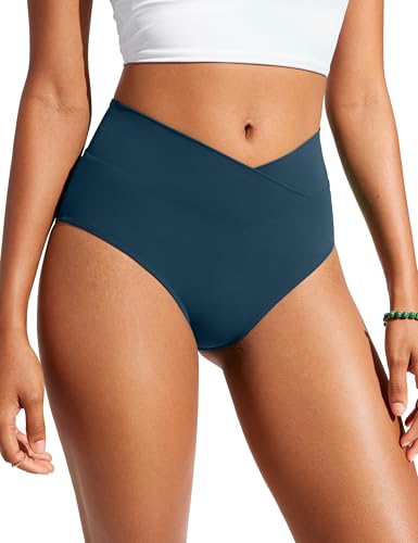 CRZ YOGA Damens V-Schnitt Bikini Unterteile Hohe Taille Kreuz Vorne Badeanzug Unterseite Vollständige Abdeckung Schwimmhose Abzeichen Blau 38 von CRZ YOGA