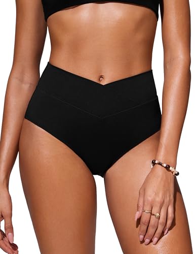 CRZ YOGA Damens V-Schnitt Bikini Unterteile Hohe Taille Kreuz Vorne Badeanzug Unterseite Vollständige Abdeckung Schwimmhose Schwarz 42 von CRZ YOGA