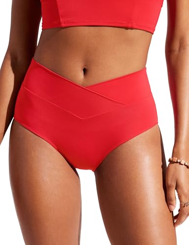 CRZ YOGA Damens V-Schnitt Bikini Unterteile Hohe Taille Kreuz Vorne Badeanzug Unterseite Vollständige Abdeckung Schwimmhose Tiefrot 44 von CRZ YOGA