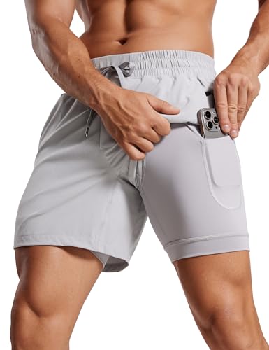 CRZ YOGA Herren Workout Shorts Schnelltrocknend Laufshorts Sporthose Trainingsshorts Kurze Hosen mit Taschen - 13/18/23cm Möwe Grau M von CRZ YOGA