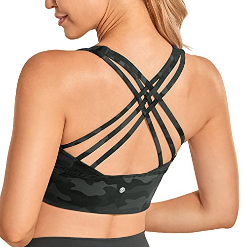 CRZ YOGA Damen Longline Sport-BH Ohne Bügel Gepolstert Bra Top Wirefree Padded Yoga Crop Tops Olivgrüne Tarnung L von CRZ YOGA