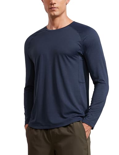CRZ YOGA Leichte Langarm-T-Shirts für Herren schnell trocknend Rundhals-Sweatshirt Workout Training Fitnessstudio Marineblau Heather S von CRZ YOGA