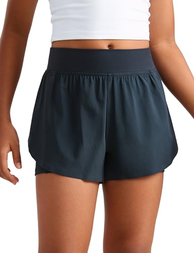 CRZ YOGA Mädchen High Waist 2 in 1 Sport Shorts Kinder Radlerhose Laufhose Sommer Gym Kurze Hosen mit ReiÃŸverschlusstasche Echte Marine M von CRZ YOGA