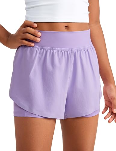 CRZ YOGA Mädchen High Waist 2 in 1 Sport Shorts Kinder Radlerhose Laufhose Sommer Gym Kurze Hosen mit ReiÃŸverschlusstasche Flieder S von CRZ YOGA