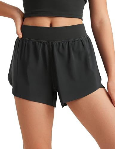 CRZ YOGA Mädchen High Waist 2 in 1 Sport Shorts Kinder Radlerhose Laufhose Sommer Gym Kurze Hosen mit ReiÃŸverschlusstasche Schwarz S von CRZ YOGA