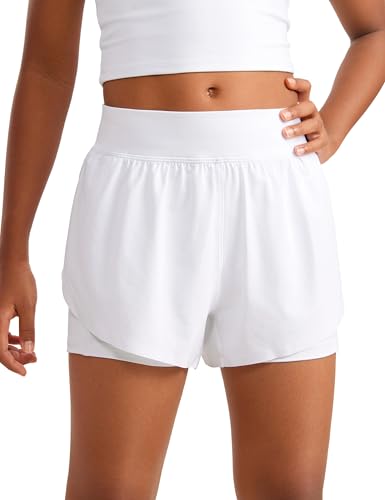 CRZ YOGA Mädchen High Waist 2 in 1 Sport Shorts Kinder Radlerhose Laufhose Sommer Gym Kurze Hosen mit ReiÃŸverschlusstasche Weiss M von CRZ YOGA