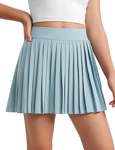 CRZ YOGA Mädchen Kurze hohe Taille gefaltete Faltenrock Basic Schuluniformen Röcke Solid Skater Tennis Schule Rock Hellgraublau M von CRZ YOGA