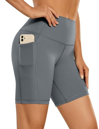 CRZ YOGA Naked Feeling Damen Radlerhose mit Taschen Hohe Taille Yoga Shorts Kurze Sporthose Sport Leggings Sportshorts - 15cm Dunkler Kohlenstoff 42 von CRZ YOGA