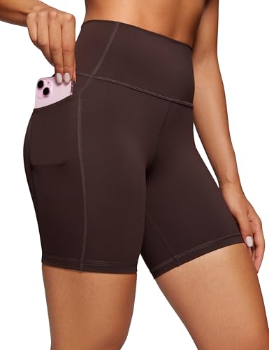 CRZ YOGA Naked Feeling Damen Radlerhose mit Taschen Hohe Taille Yoga Shorts Kurze Sporthose Sport Leggings Sportshorts - 15cm HeiÃŸes Fudge-Brown 42 von CRZ YOGA